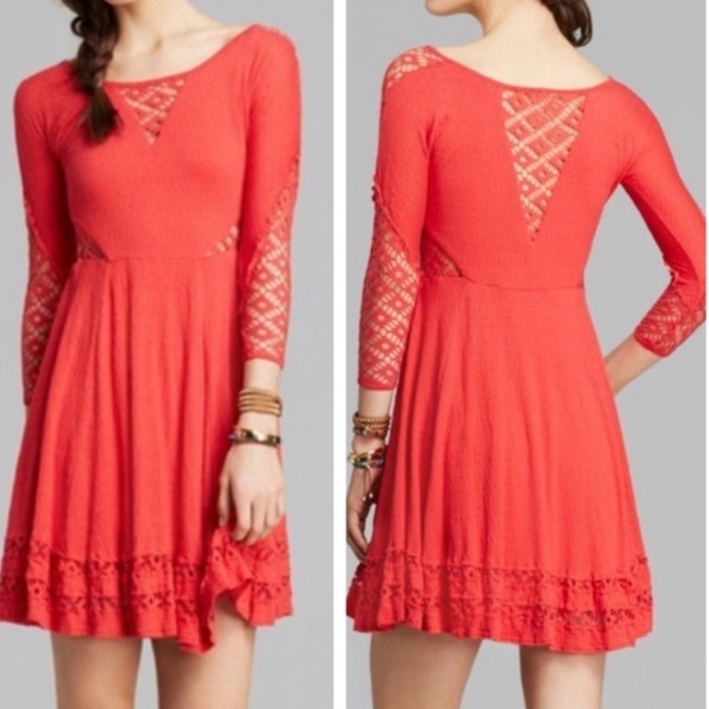 Free People To the‎ Point coral red crochet detailing cut out sides dress Sz S